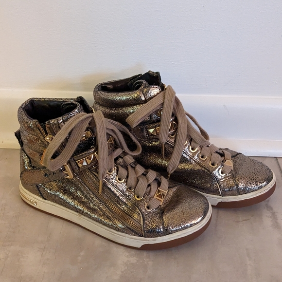 Michael Kors Vintage Gold Leather High Top Sneakers Size 6 - Picture 3 of 7